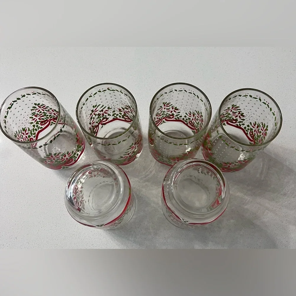 Vintage Christmas Holly Red Ribbon Texture Snow Drink Glasses 5” Set Of‎ 6